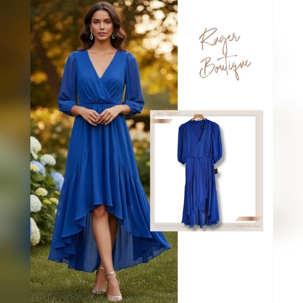 🌿Just Taylor Women's Size 2 High-Low Brilliant Blue Chiffon Midi Dress
